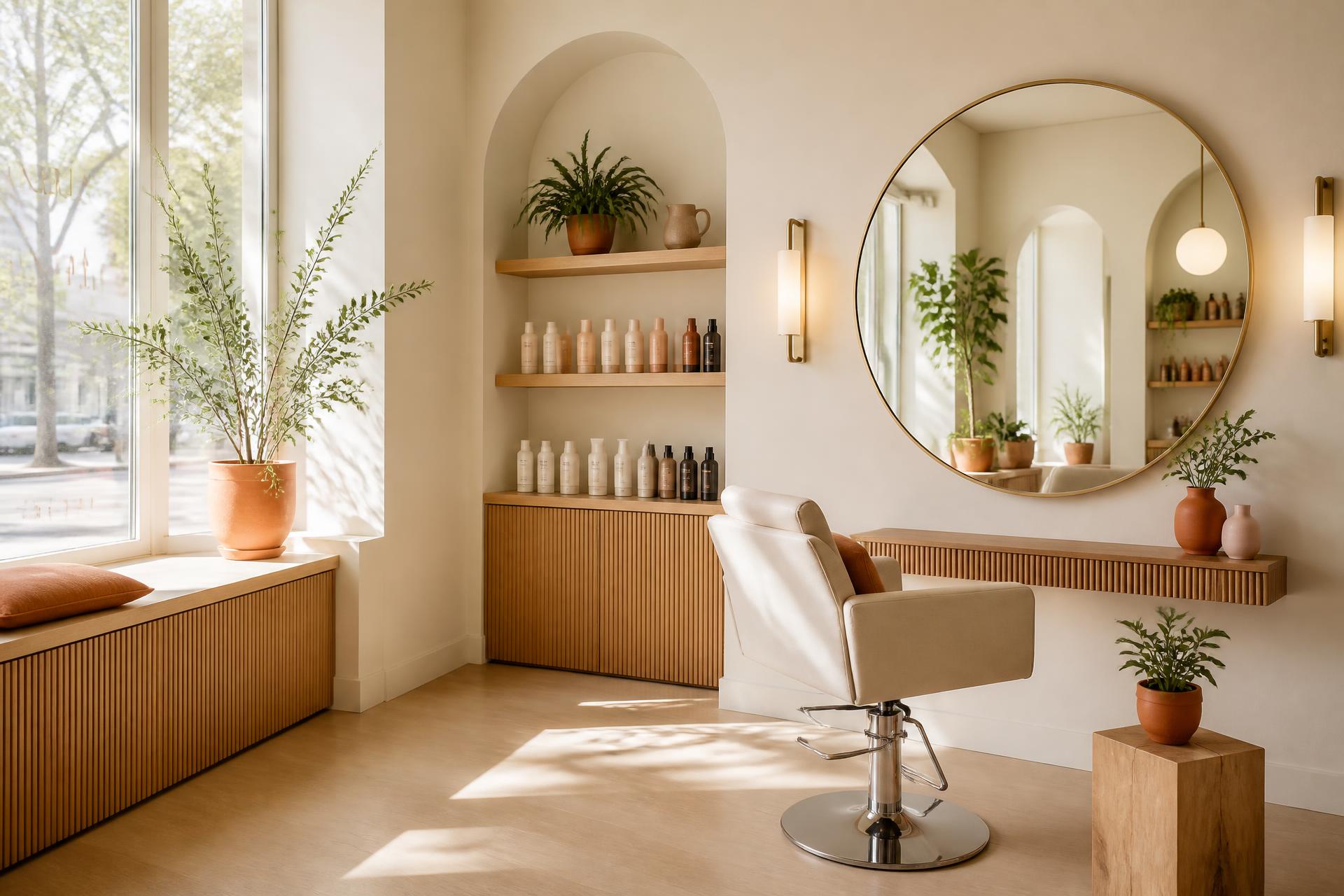 Styling chair and round mirror inside a bright, softly lit hair salon